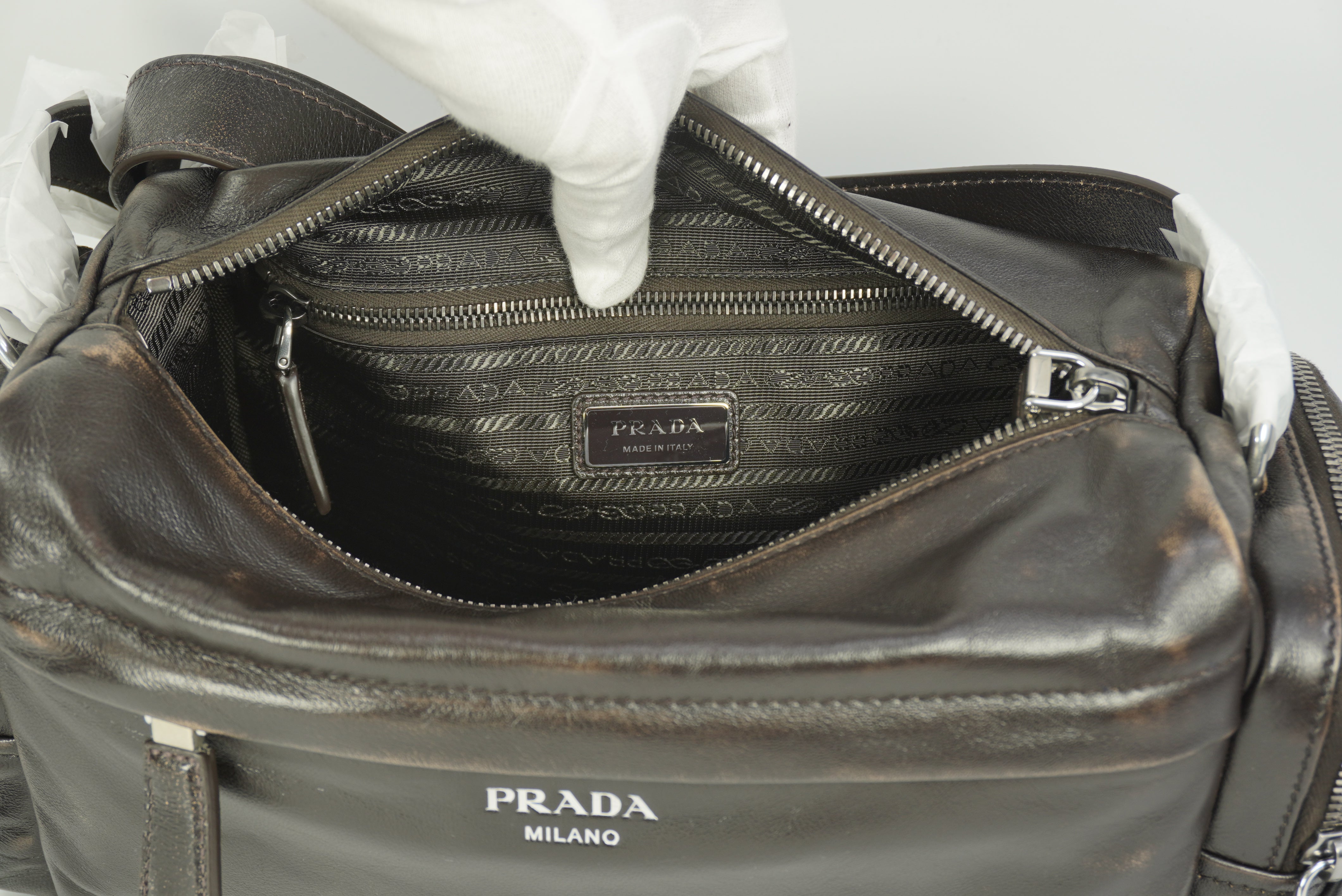 PRADA Distressed nappa leather shoulder bag New Season Men's