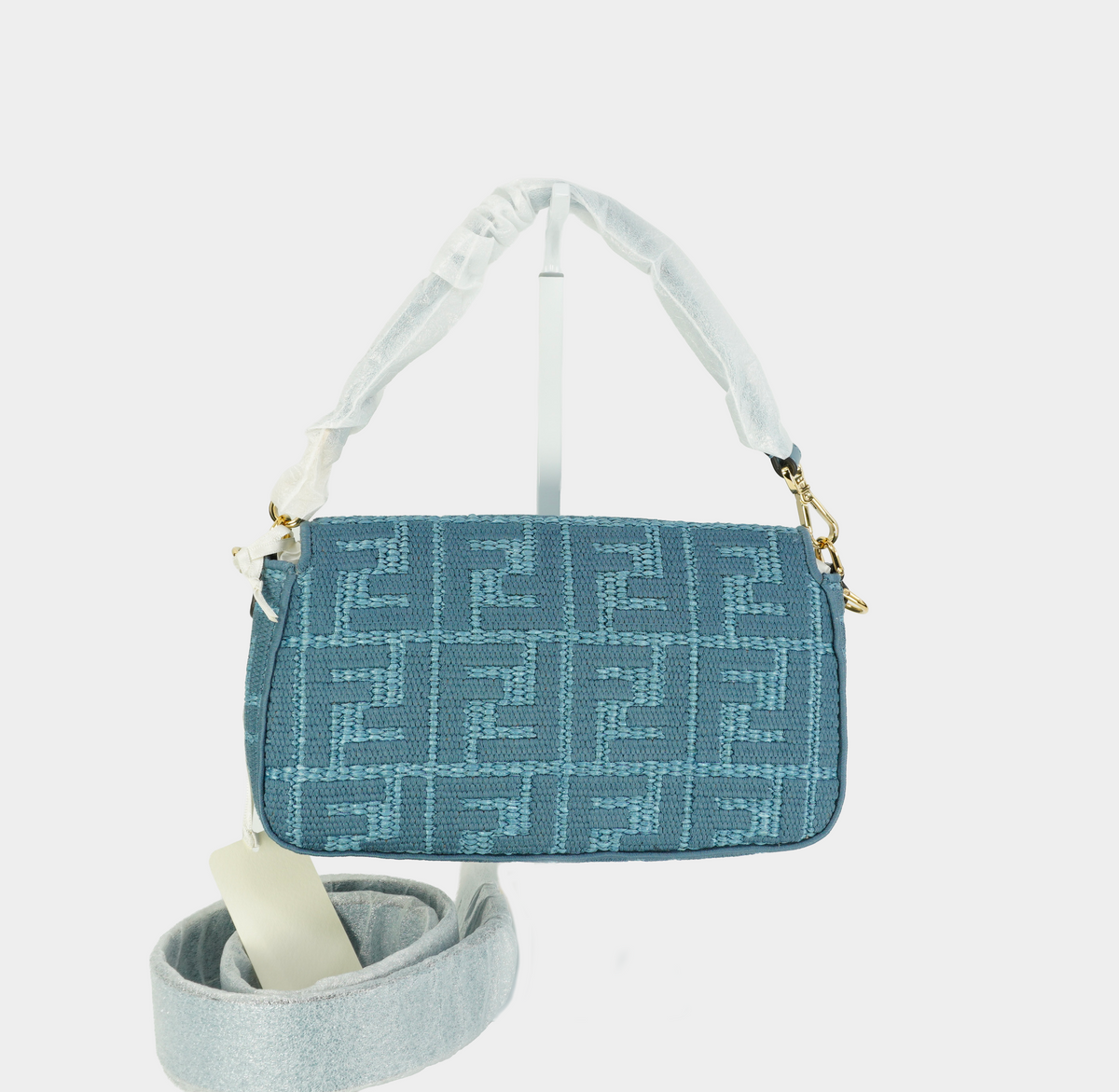FENDI BAGUETTE® Blue woven raffia-effect material bag with FF embroidery