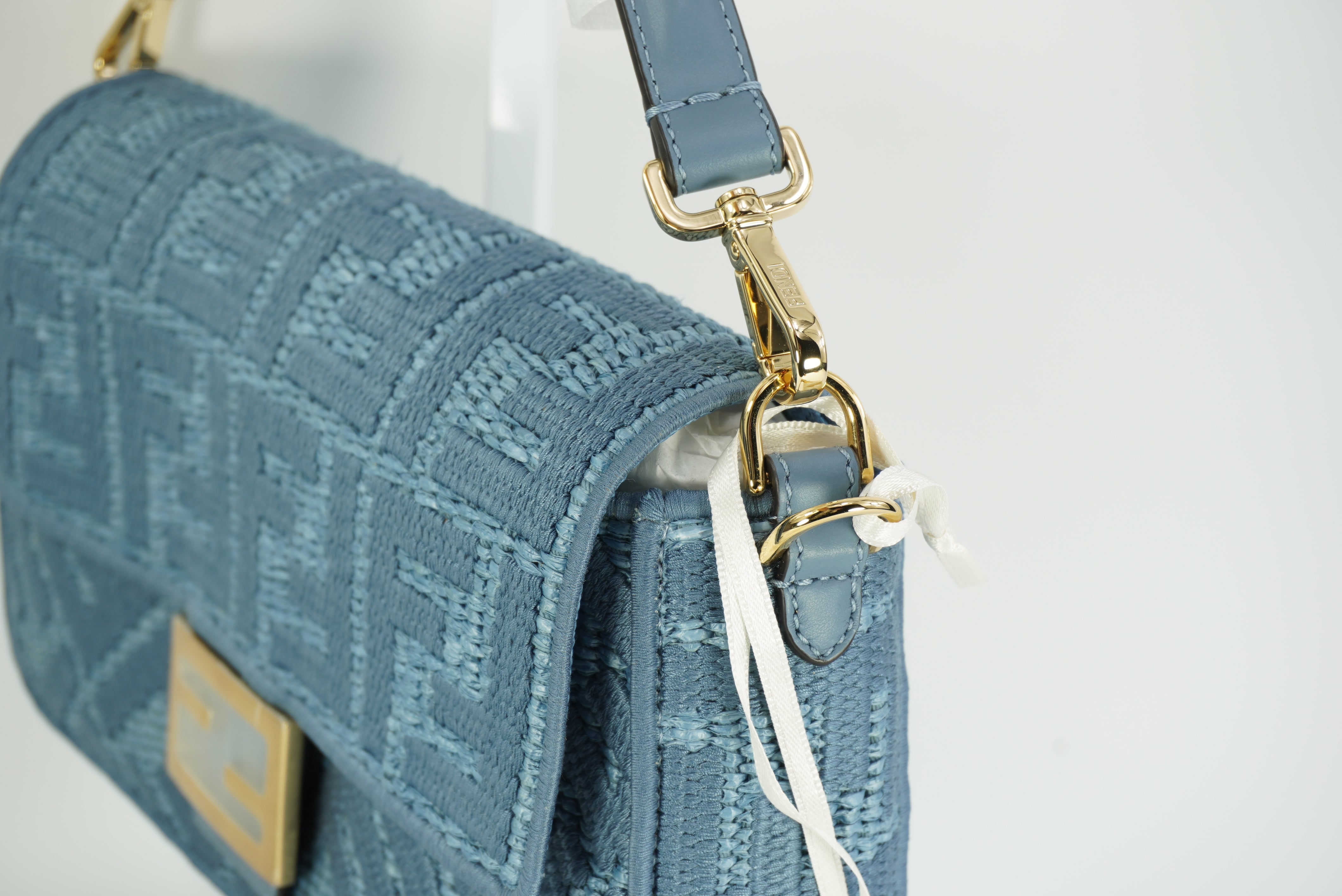 FENDI BAGUETTE® Blue woven raffia-effect material bag with FF embroidery