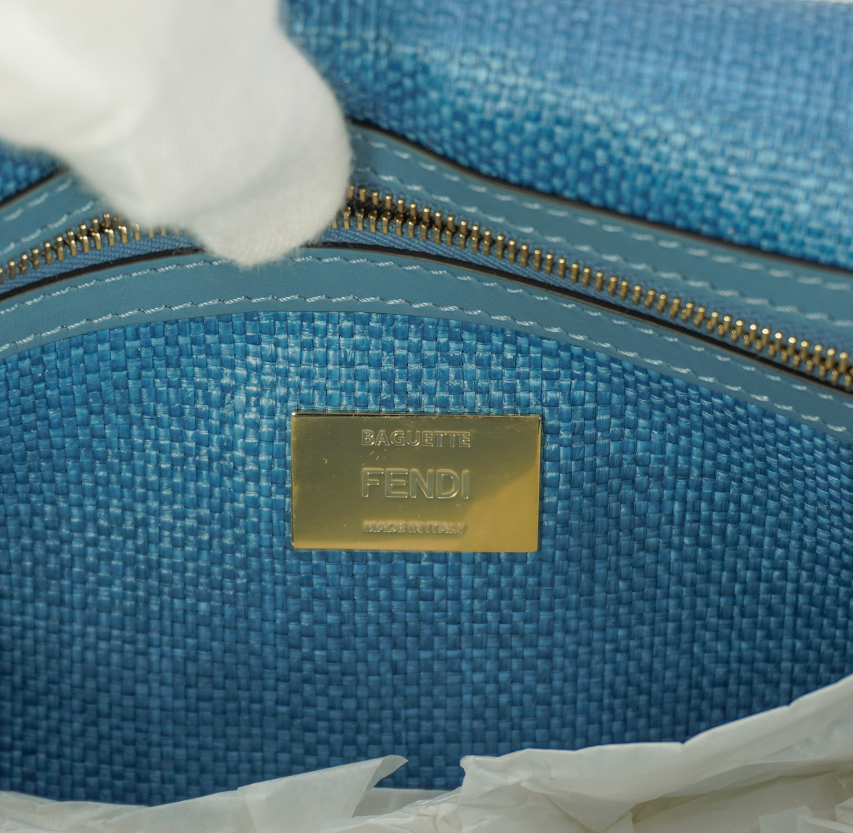 FENDI BAGUETTE® Blue woven raffia-effect material bag with FF embroidery