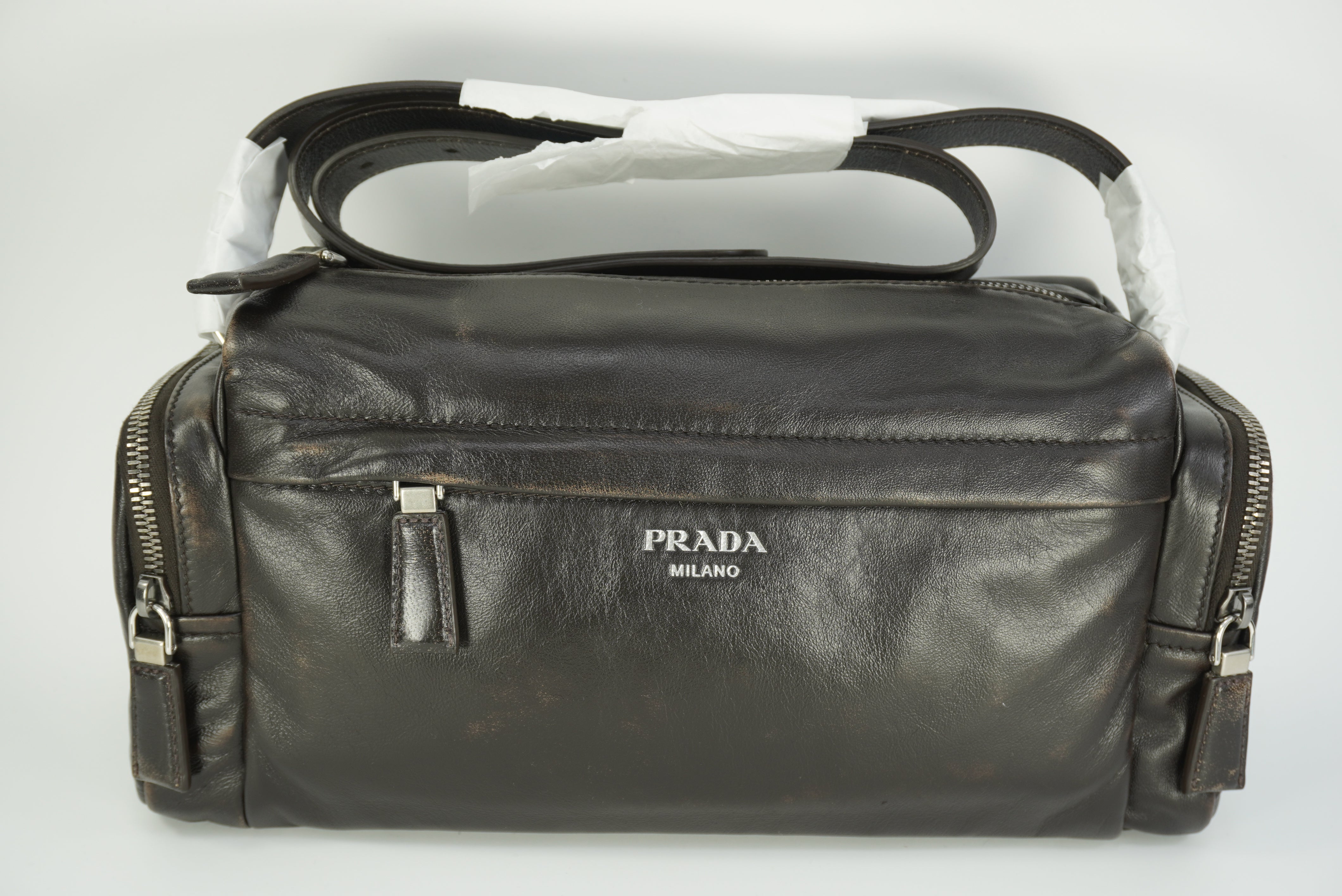 PRADA Distressed nappa leather shoulder bag New Season Men's