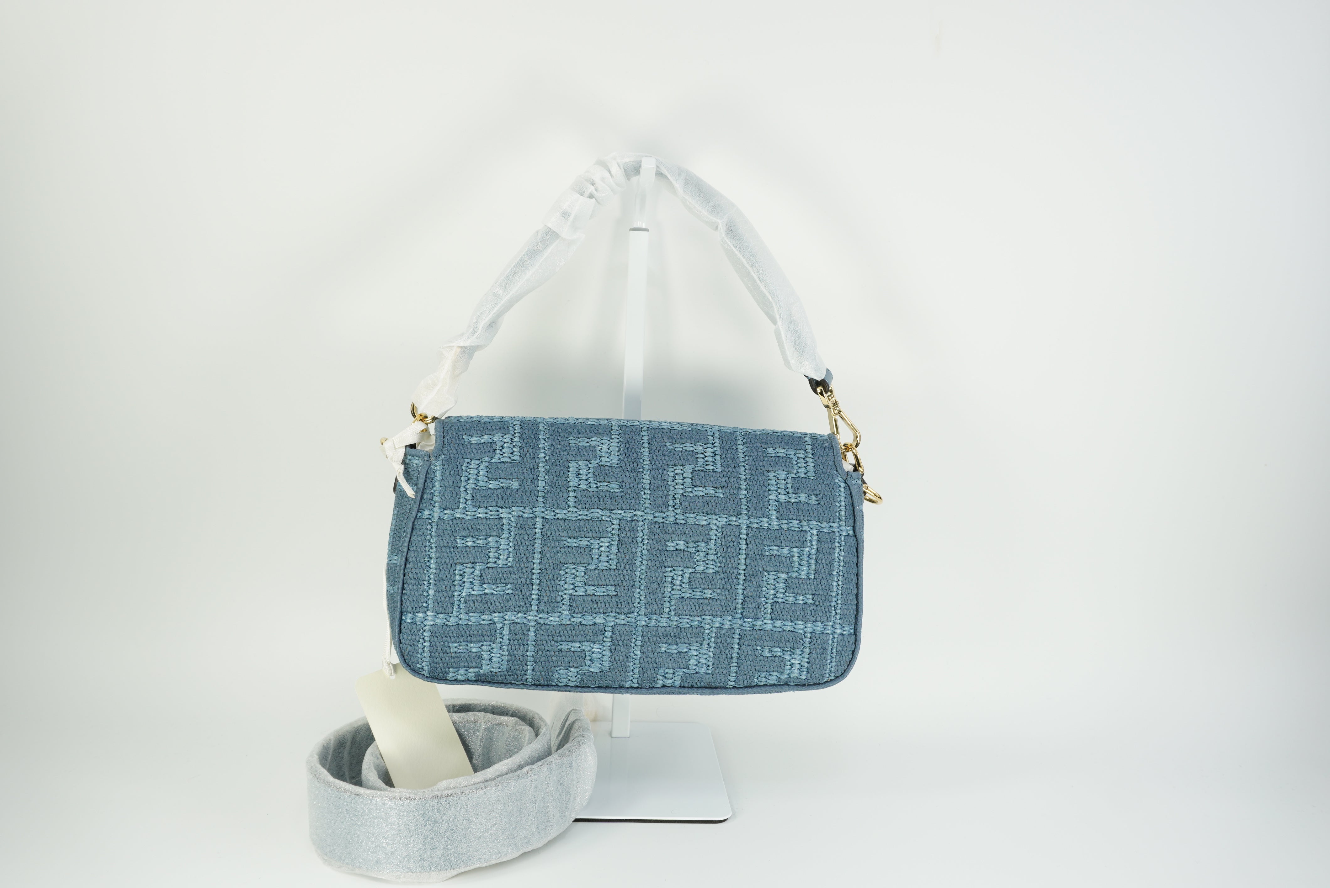 FENDI BAGUETTE®  Blue woven raffia-effect material bag with FF embroidery