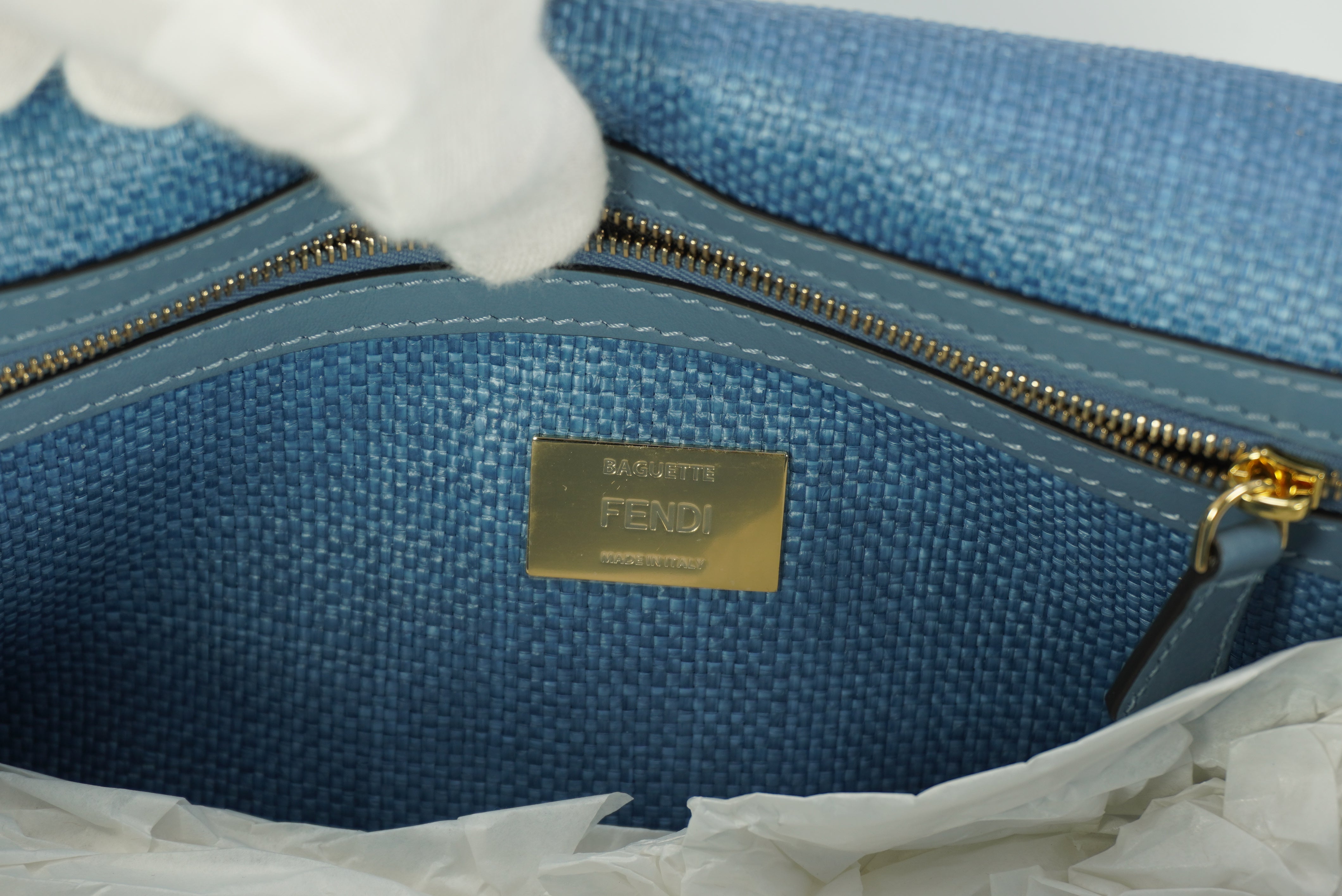 FENDI BAGUETTE®  Blue woven raffia-effect material bag with FF embroidery