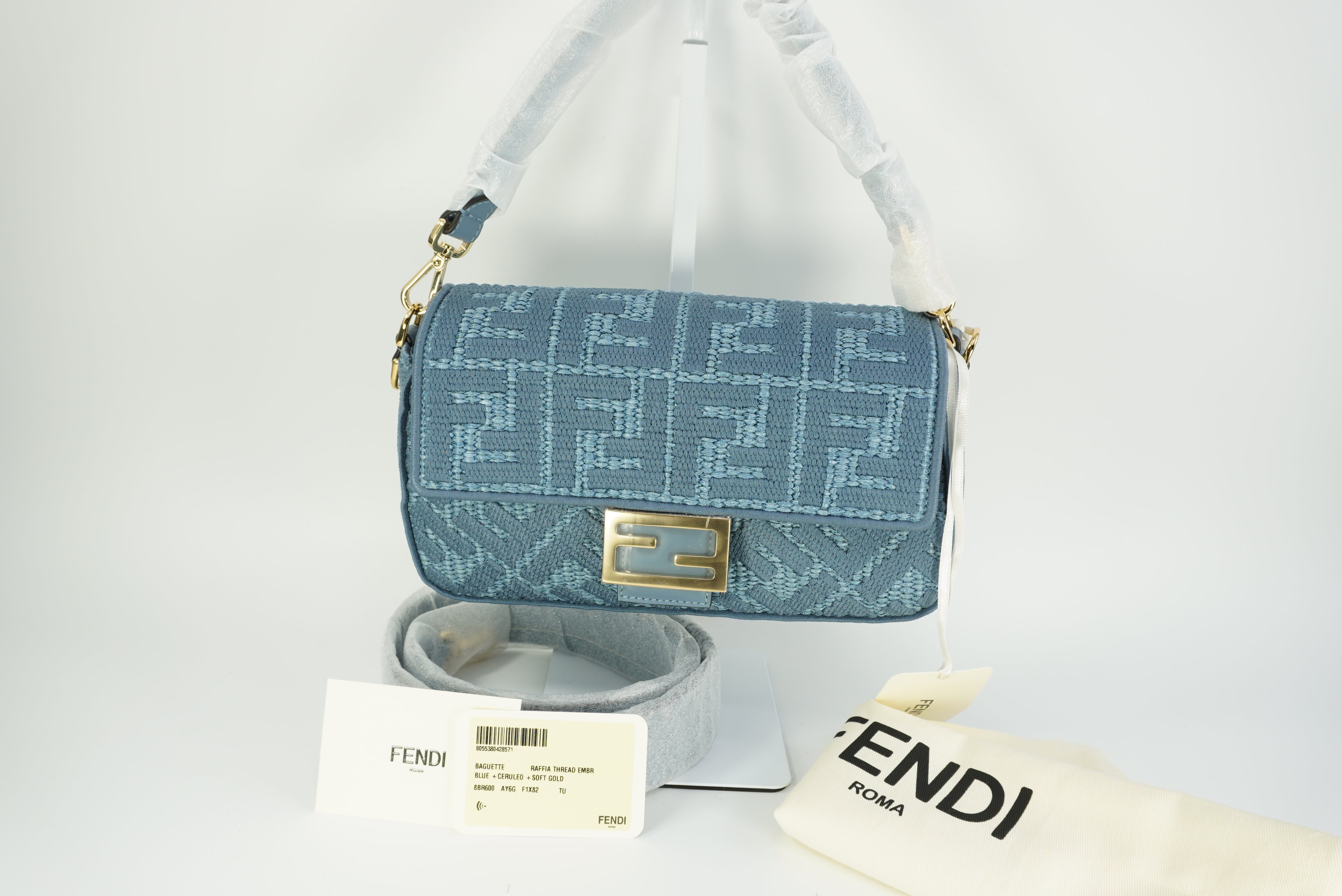 FENDI BAGUETTE®  Blue woven raffia-effect material bag with FF embroidery